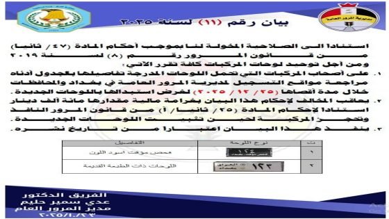 بيان رقم (١١) صادر عن مديرية المرور العامة .